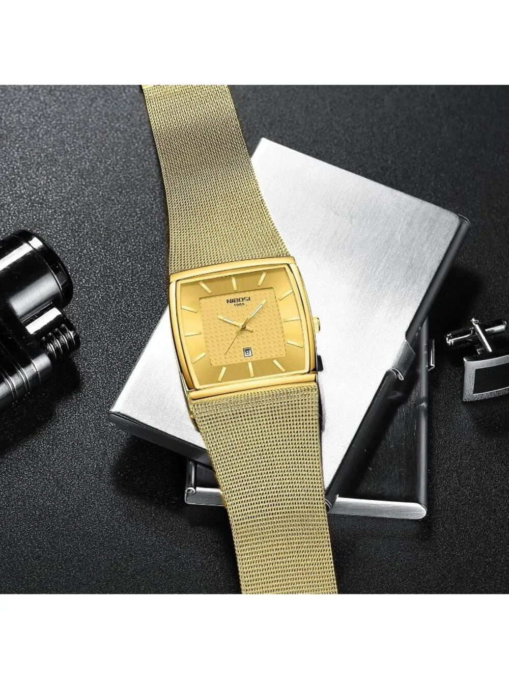 Nibosi Men's Gold Square Analog Quartz Stainless Mesh Strap Waterproof Watch
